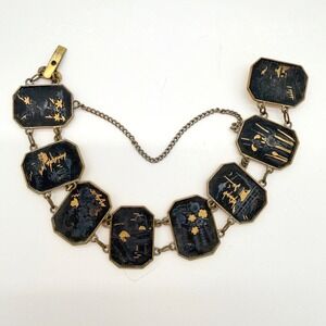Vintage Japanese Damascene Panel Bracelet Black Gold Inlay Scenic Links